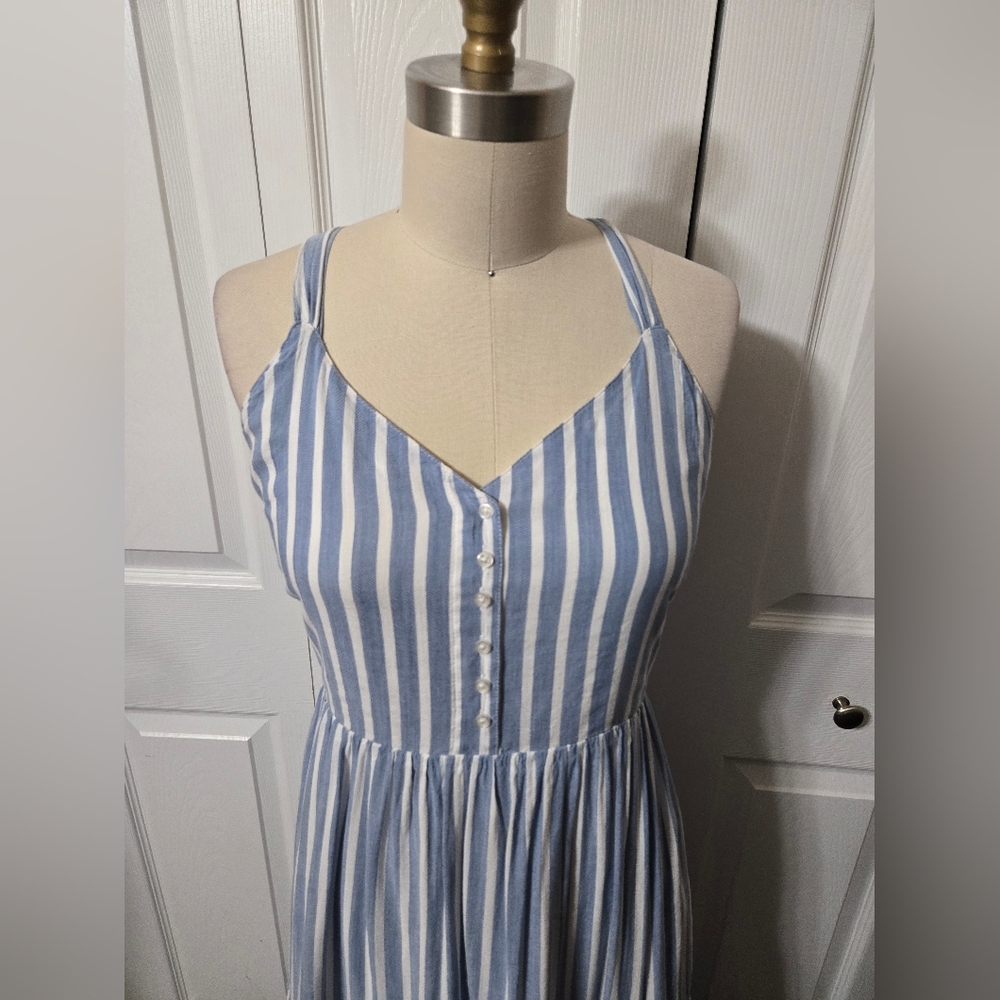 Blue & White Striped Maxi Sun Dress, Small, Criss Cross Adjustable Straps, EUC - Picture 8 of 16